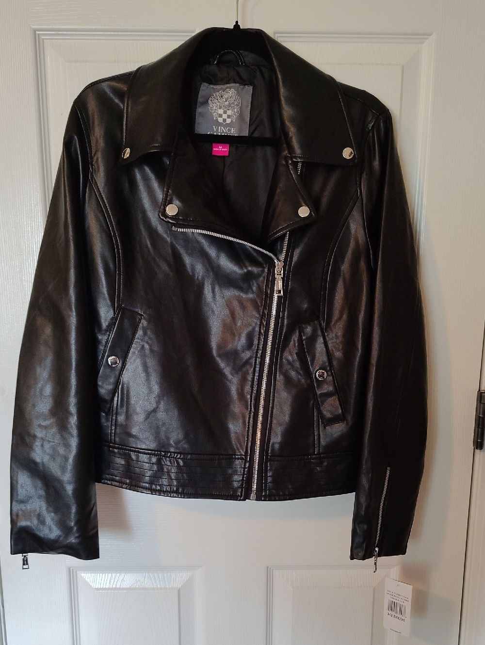 Vince Camuto Ladies Vegan Black Leather Asymmetric Moto Jacket